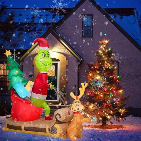 Inflatable Christmas Green Furley w Sleigh Scene Built-in 6 high-Light LED Light